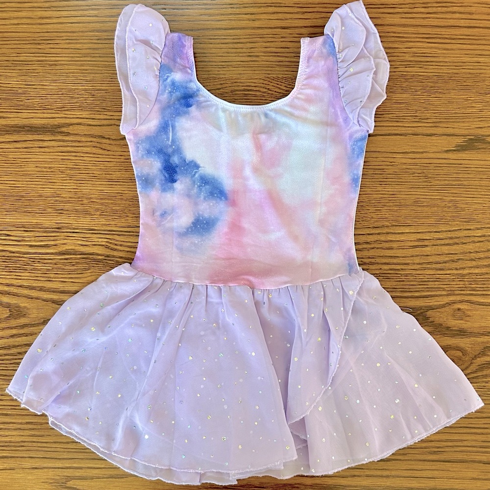Purple tie-dye dance leotard with attached skirt in excellent condition!